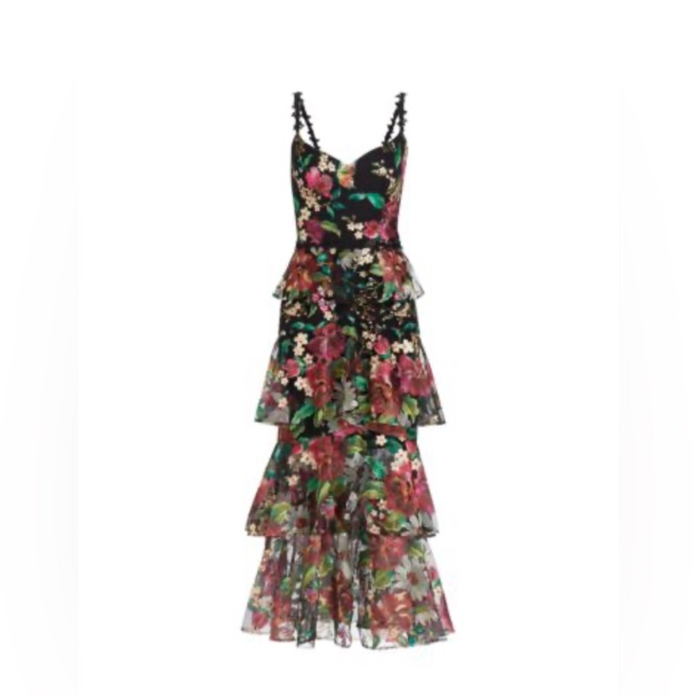 Marchesa Notte Tiered Floral-Embroidered Dress Black - Picture 3 of 6